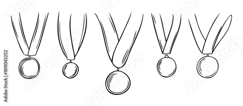 Set of five handdrawn medals with ribbons hanging, showcasing awards and achievements for sports and competitions, ideal for recognition and victory themes.