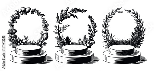 Botanical pedestals with organic floral arrangements, showcasing product display and nature inspired composition for branding and decoration purposes