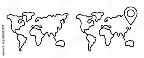 Global map outline with a location pin marking a point on the world for travel or navigation concepts as a simple outline graphic for various uses
