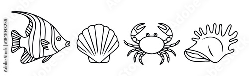 Collection of marine life icons including a fish, seashell, crab, and conch shell for oceanthemed designs and educational materials