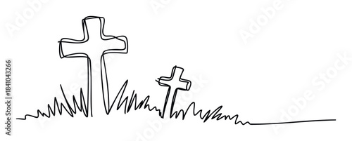 Sketch of simple crosses on graves with grass representing loss and remembrance for funeral services or memorial projects