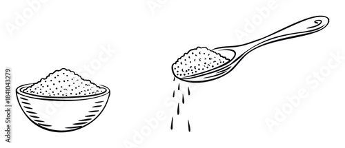 Simple black and white line drawing of a bowl of granular substance and a spoon with granules falling, ideal for food or ingredient representation.