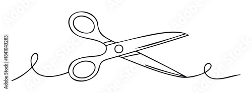 Open scissors cutting a thin wavy line representing thread or string, useful for concepts of separation, snipping, or crafting.