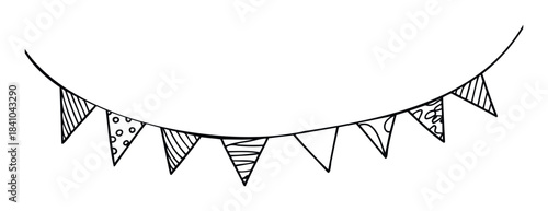 Hand drawn festive bunting flags with various simple patterns strung together for celebrations and parties, perfect for decorating invitations or social media.