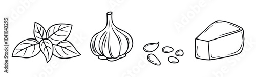 Healthy ingredients for cooking including fresh basil, garlic bulb, pine nuts, and a wedge of cheese, perfect for culinary use and healthy eating.