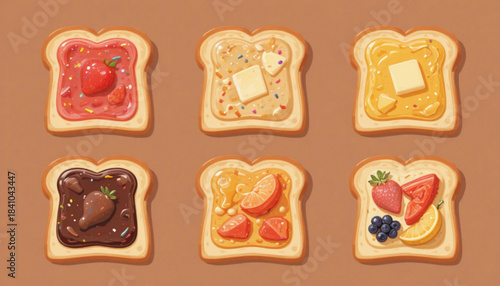A set of illustrations of sliced white bread with various toppings