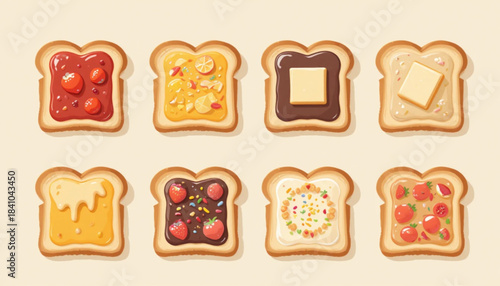 A set of illustrations of sliced white bread with various toppings