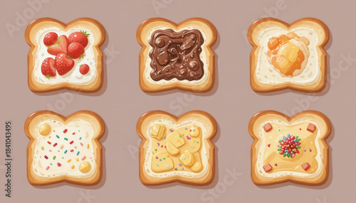 A set of illustrations of sliced white bread with various toppings