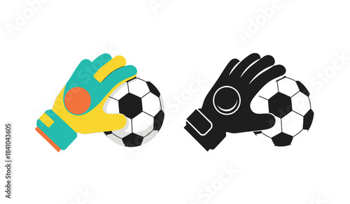 a colorful illustration depicts a pair of soccer goalie gloves alongside a classic black and white soccer ball presented in both outline and filled styles