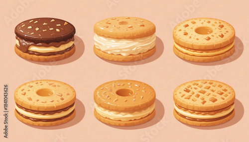 A set of flat colored biscuit illustrations on a plain background