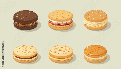 A set of flat colored biscuit illustrations on a plain background