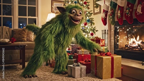 Playful green creature joyfully interacting with Christmas presents by a cozy fireplace in a festive living room