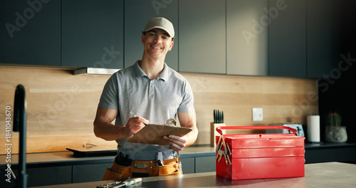 Tableau sur toile Portrait, man and plumber with clipboard at house for inspection, plumbing evaluation or report