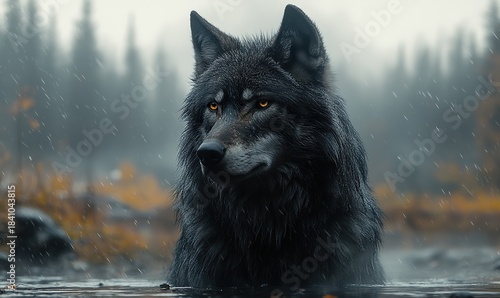 Majestic black wolf with intense amber eyes standing in rainy wilderness