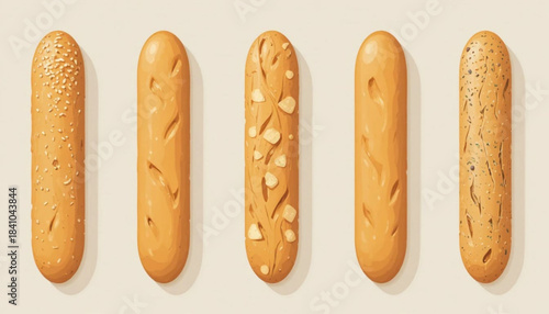 A set of flat colored bagelen cake illustrations on a plain background. 