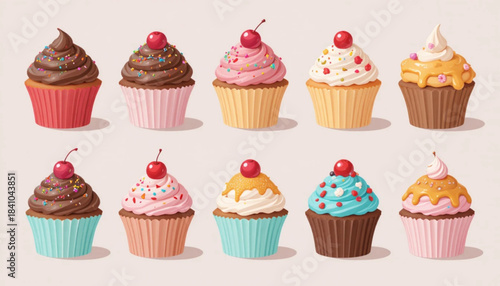 set of flat colored cupcakes on a plain background 