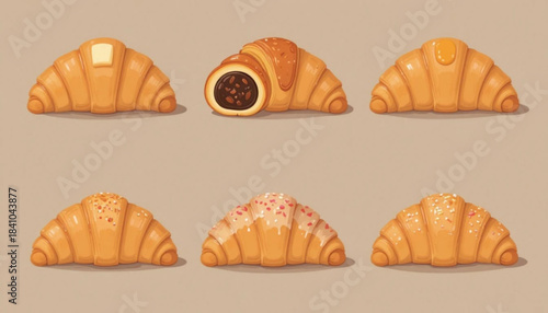 A set of flat colored croissant cake illustrations on a plain background.