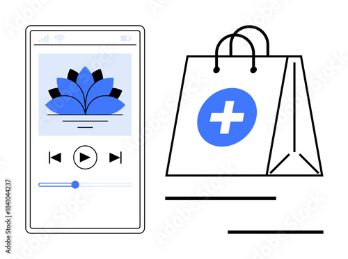 Smartphone with serene meditation app playing and a healthcare-themed shopping bag. Ideal for wellness, digital healthcare, e-commerce, mindfulness, lifestyle, self-care, simple flat metaphor