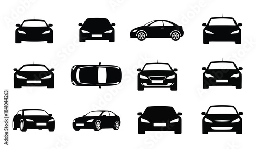 a collection of minimalist black silhouettes depicting various car models from a front and side perspective showcasing automotive design variations high quality professional detailed modern