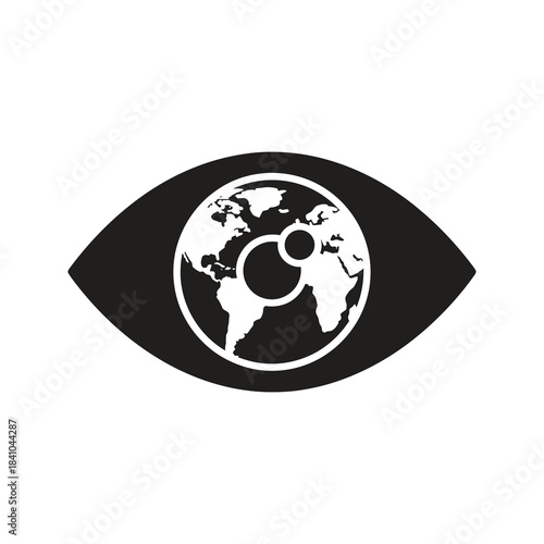 Human eye icon with an Earth globe map iris representing global vision, international observation, world environmental awareness, and planetary surveillance security monitoring concepts