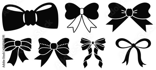 Ribbon bow icon set. Gift, present design elements. Holiday decoration concept. Vector illustration.