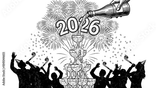 New year 2026 celebration with champagne and fireworks