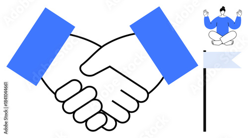 Team collaboration, partnership, agreement, mindfulness, peace, goal setting. Two hands shaking, a meditating figure and a flag. Team collaboration and partnership ideas