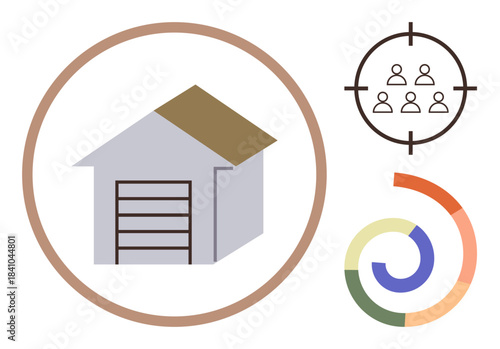 Simple house-shaped warehouse in a circle, people target icon, and circular analytics design. Ideal for logistics, business strategy, planning, distribution, storage, resource management simple flat