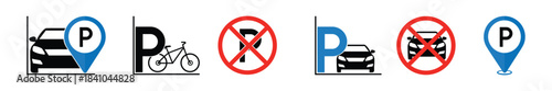Car parking icon set, Car parking area and parking sign set. car, Bicycle parking symbol. No parking icon collection. vector illustration on transparent background.