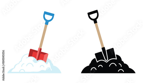 a side by side illustration depicts two shovels with piles of dirt one colored and one monochrome against a plain white background high quality professional