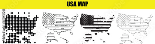 Set of four black and white graphic illustrations of the usa map with different styles including dot matrix and american flag patterns