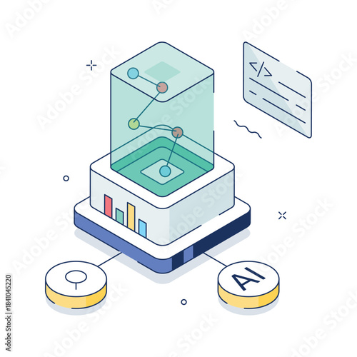 A trendy isometric style illustration of ai analytics, data analysis