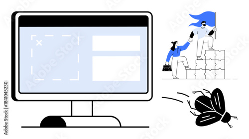 Software creation, debugging tools, teamwork, coding workflow, problem-solving, innovation. Computer screen, debugging graphic team collaboration building blocks. Debugging tools and teamwork