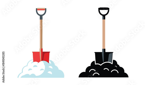 a simple illustration depicting two shovels one red and one black each accompanied by a pile of earth or snow presented in a minimalist style