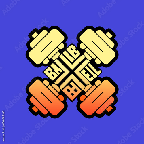 Crossed barbells with gradient and black outline on blue