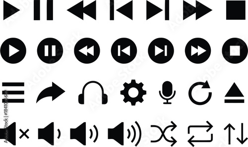 black, media, settings, grid, playback, style, color, pattern, visual, creative, stock, media player, play, pause, stop, rewind, fast forward, next, previous, volume, mute, menu, share, headphones, mi