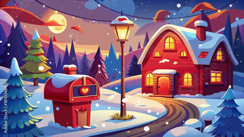 Charming winter scene featuring a bright red Christmas mailbox filled with festive cards, surrounded by fresh snow, warm glowing holiday lights, and softly blurred cottages in a peaceful village