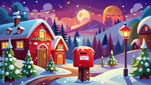 Charming winter scene featuring a bright red Christmas mailbox filled with festive cards, surrounded by fresh snow, warm glowing holiday lights, and softly blurred cottages in a peaceful village