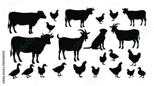 A collection of farm animals in black shapes cows goats chickens silhouette