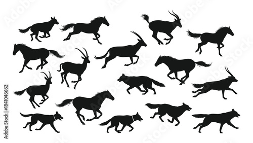 A collection of running horses deer and canids in black silhouette