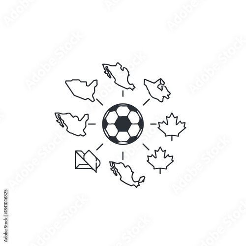 Line drawing of a soccer ball surrounded by outlined maps of various countries for the world cup.