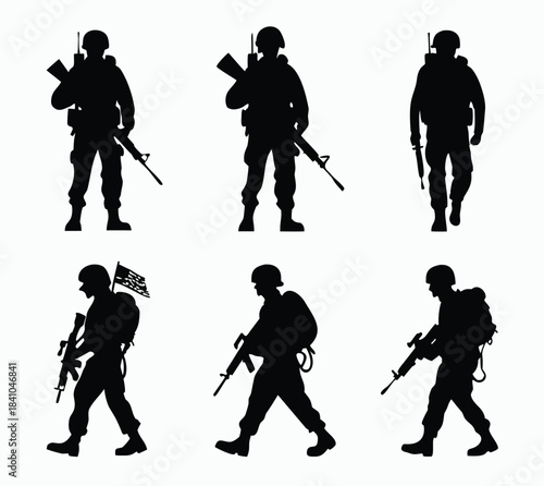 Silhouettes of soldiers standing and walking with rifles