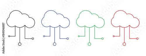 Cloud Computing Connection Icon Set, Outline Clouds with Circuit Line