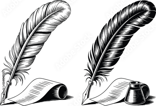 Detailed Black and White Engraving Style Vector Illustration Set of Two Quill Pens, an Ink Pot, and Parchment: Ideal for Literature, History, and Vintage Writing Themes.