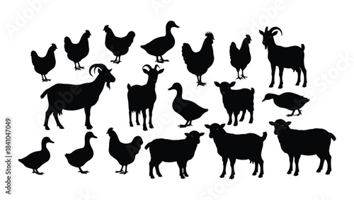 A collection of farm animals in dark silhouettes against a white background