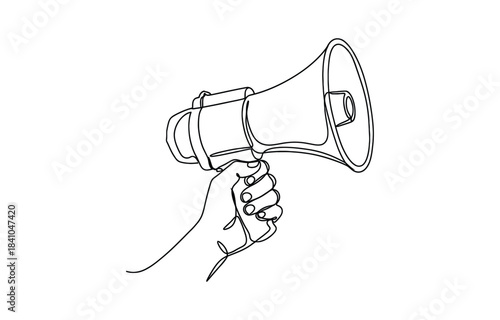 Continuous one line drawing of hands holding megaphone. Editable vector illustration isolated on transparent background
