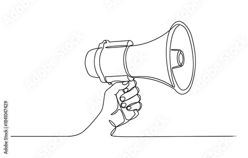 Continuous one line drawing of hands holding megaphone. Editable vector illustration isolated on transparent background
