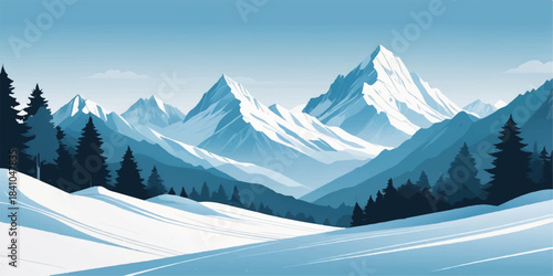 Blue-gradient alpine mountains shaping a peaceful frozen horizon in modern vector style.