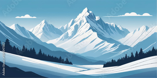Serene winter mountain illustration featuring layered frozen ridges in cool blue tones.