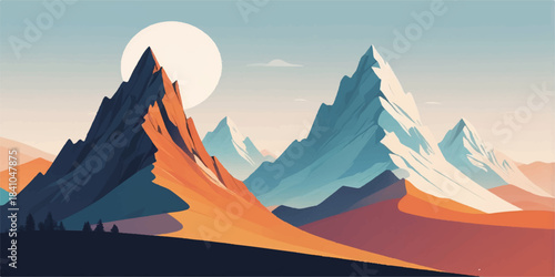 Stylized snow-covered peaks create a calm vector landscape with clear geometric forms.